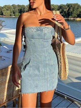 Zara Strapless Light Blue Denim Mini Dress